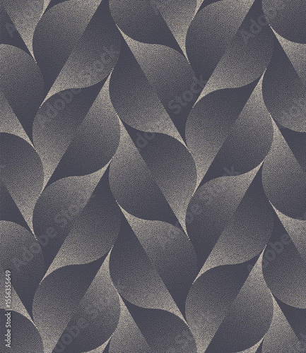 Abstract seamless vector pattern with elegant petal leaf shapes and dotted halftone texture. Endless retro fashionable design with stipple grain. Unique, bold and classy geometric loopable abstraction