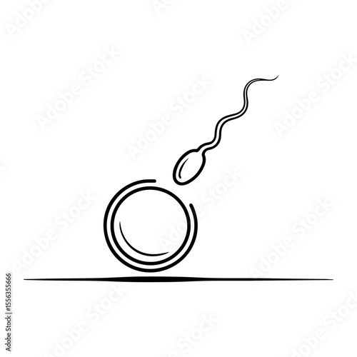 Stylized line art illustration of a sperm cell approaching an egg isolated on transparent background