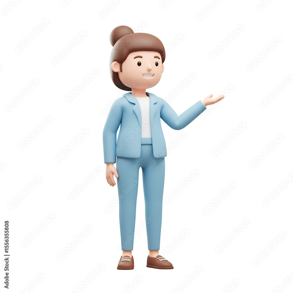 Fototapeta premium Friendly 3d cartoon woman in a blue suit and white shirt presenting something with her open hand isolated on transparent background