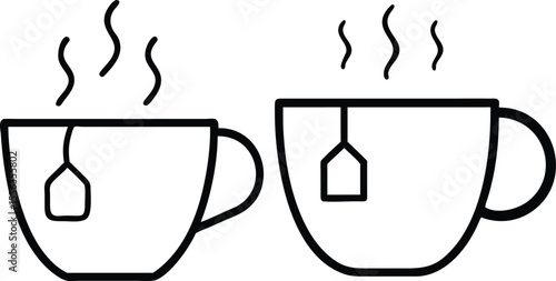 Two Cups of Hot Tea with Tea Bags, Simple Line Art...