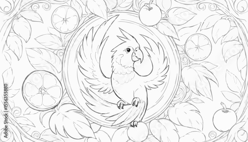 Coloring page of a colorful cockatoo surrounded by fruits and leaves