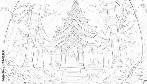 Coloring page of a mystical temple surrounded by tropical trees