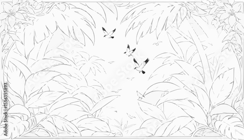 Coloring page of a tropical scene with butterflies and lush leaves