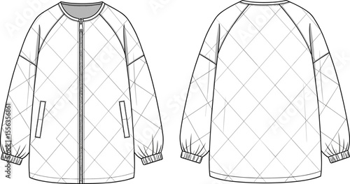 Quilted zip-up jacket fashion flat, technical CAD sketch, front and back view, cozy outerwear design, rib cuff, vector template, garment drawing illustration