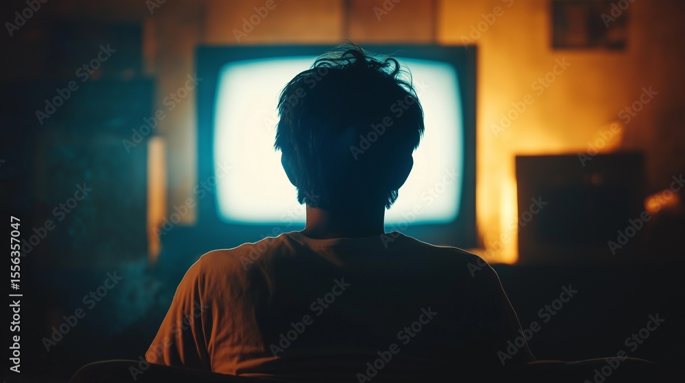 Close-up image of a person sitting in front of a flickering TV screen at night, seen from behind, symbolizing late-night dissociation, emotional void, and psychological detachment from the present Close-up image of a person sitting in front of a flickering TV screen at night, seen from behind, symbolizing late-night dissociation, emotional void, and psychological detachment from the present