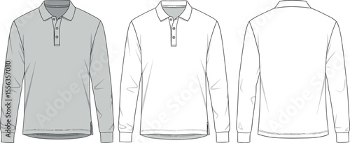 Men’s long-sleeve polo shirts front and back, cad drawing flat vector illustration, ribbed cuffs, button placket, casual garment fashion sketch