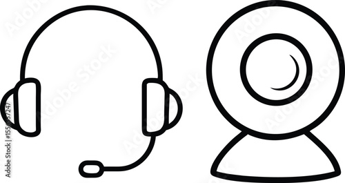 Headset and Webcam Icons: Simple, Bold Line Art for Communication and...