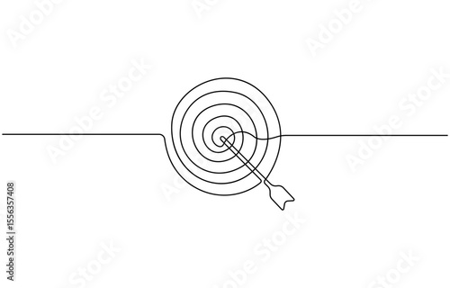 Target with an arrow hitting the center, one continuous line illustration. Continuous line drawing of archery target with arrow, Archery sport exercise with target board concept. Vector Illustration.