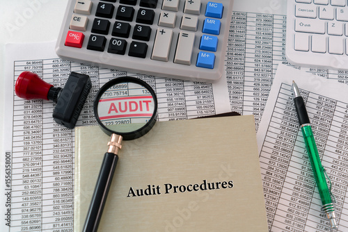 A photo illustration for Audit Procedures; A detailed report is placed under a magnifying glass, symbolizing scrutiny, with a book of audit procedures displayed in the foreground