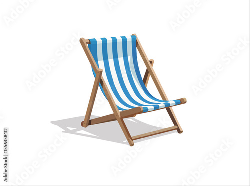 "3D Realistic Beach Chair. Blue Striped Deck Chair with Wooden Frame Isolated on White Background."