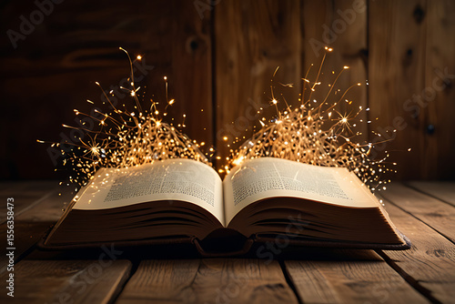 Open old book with candle on table for reading and study.