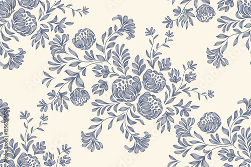 Vintage floral ethnic tapestry modern embroidery texture boho design vector illustration hand drawn silhouette indigo blue flower motif branches leaves wallpaper seamless background border.