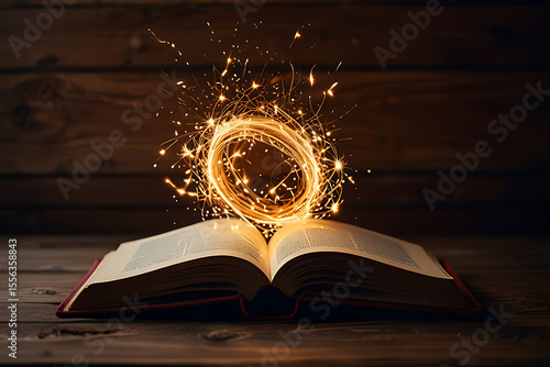 An open book rests on a table, illuminated by a flickering candle.