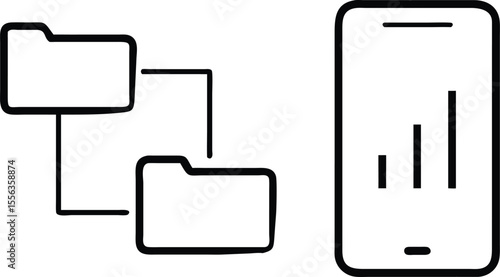 Simple line art icons of folders connected to a smartphone displaying a bar chart
