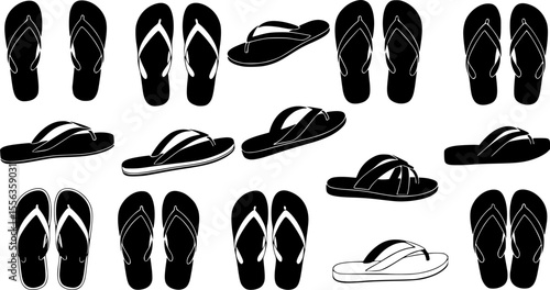 Flip-Flop Sandals Collection Silhouette – Summer Beach Footwear Vector Set
