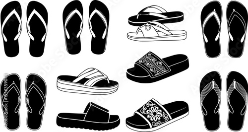 Flip-Flop Sandals Collection Silhouette – Summer Beach Footwear Vector Set
