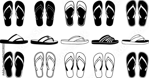 Flip-Flop Sandals Collection Silhouette – Summer Beach Footwear Vector Set
