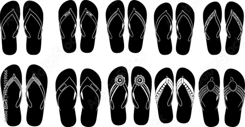 Flip-Flop Sandals Collection Silhouette – Summer Beach Footwear Vector Set
