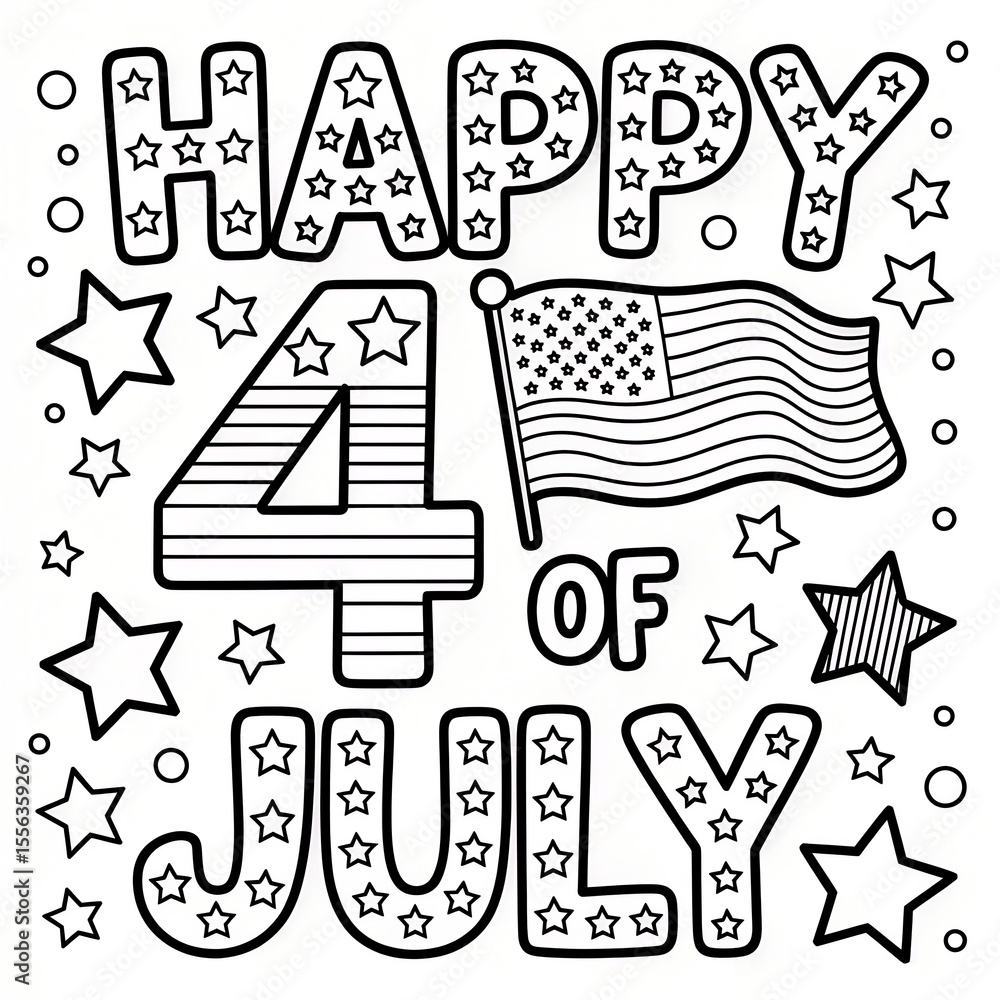 Fototapeta premium 4th of July Lettering Art – Patriotic Line Drawing with Flag and Stars