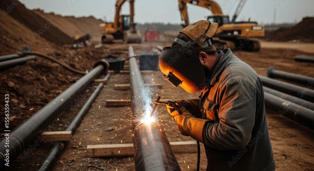 Fototapeta premium A welder man works on a gas pipeline construction site at dusk, joining metal pipes with electric arc, gas industry.