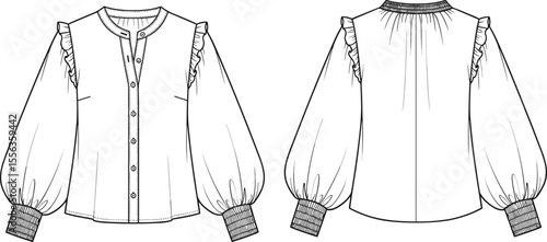 Women’s blouse flat sketch with ruffle detail, front and back view, puff sleeve design, button-up shirt style, cuffed sleeve, fashion vector illustration template