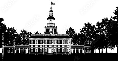 Independence Hall Silhouette with Trees – Historic American Landmark Vector for Patriotic Designs
