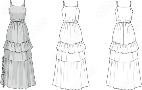 Tiered maxi dress front and back, sleeveless fashion cad drawing flat vector illustration, technical garment sketch, summer apparel design
