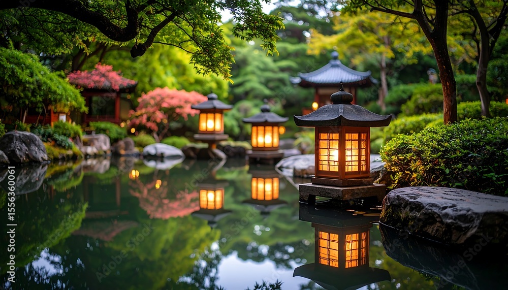 Fototapeta premium Tranquil Japanese garden at dusk