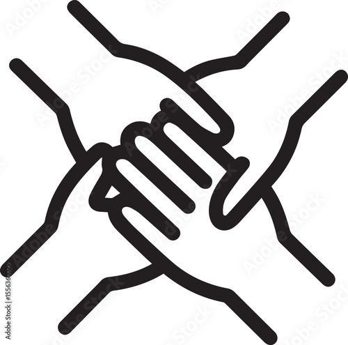 Togetherness hands vector icon editable black stroke multiple hands joined symbol of unity support care isolated on transparent background simple modern design