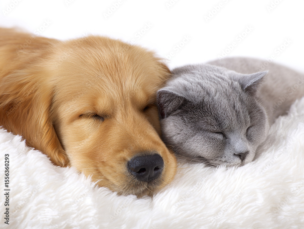 Obraz premium Golden Retriever & Cat Napping