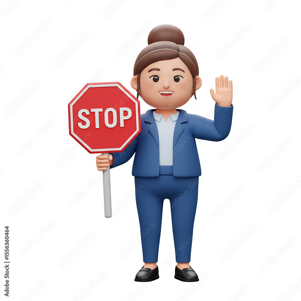 Friendly cartoon businesswoman holding a stop sign and waving hello isolated on transparent background Friendly cartoon businesswoman holding a stop sign and waving hello isolated on transparent background