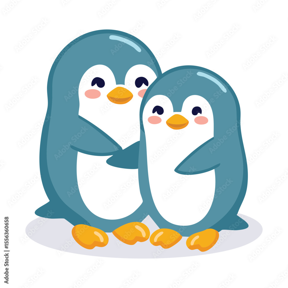 Fototapeta premium Two adorable penguins cuddling, radiating love and affection. Perfect for conveying warmth and companionship.