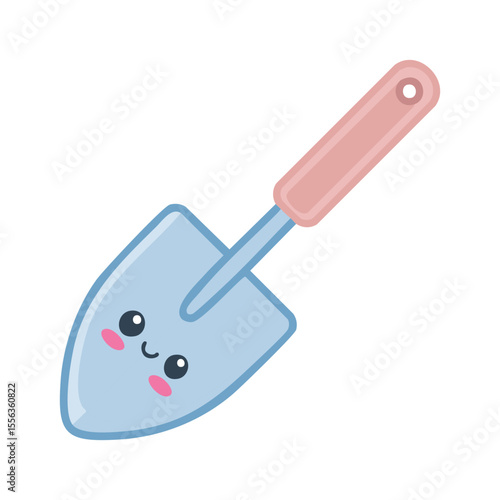 A cartoon of a friendly garden trowel smiling and cute