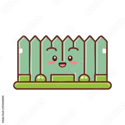 A cute cartoon fence character with a smiling face in the grass