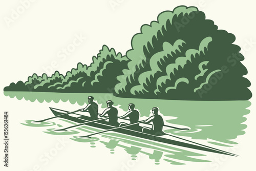 Rowing team paddling scull on calm lake, ideal for teamwork, sports, or motivational promotions.