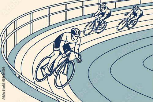 Track cycling team racing in velodrome, ideal for speed, sports, or competitive advertising.