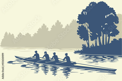 Rowing team rowing scull on calm lake, ideal for teamwork, sports, or motivation-themed promotions.