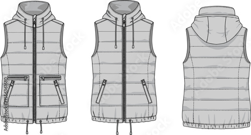 Sleeveless puffer vest with hood front and back, cad drawing flat vector illustration, zip pocket detail, drawstring hem sketch