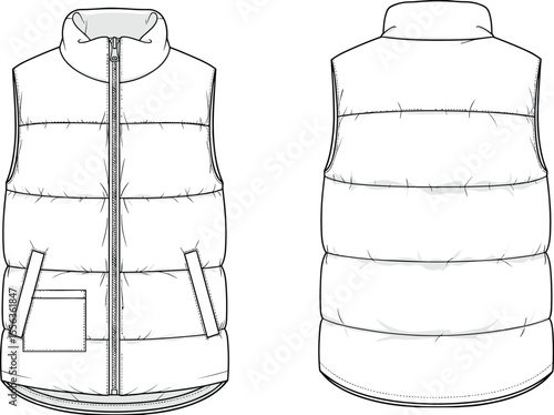 Puffer vest flat sketch, sleeveless jacket front and back, CAD technical drawing, winter outerwear vector, detailed garment template, fashion illustration, apparel design, mockup