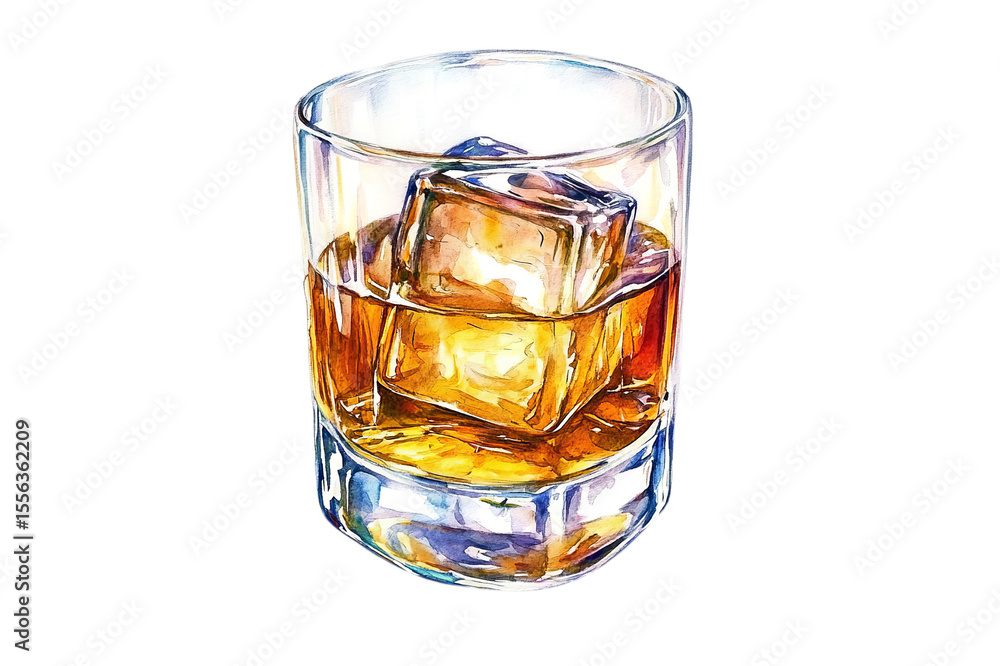 Watercolor painting of a glass of whiskey with ice cubes isolated on transparent background Watercolor painting of a glass of whiskey with ice cubes isolated on transparent background