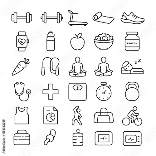 Health and Wellness Icon Set – Fitness, Nutrition, Exercise, Yoga, Medical, Weight Loss Thin Line Vector Collection