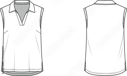 Sleeveless V-neck blouse with collar front and back, cad drawing flat vector illustration, curved hem, tailored darts, minimal fashion sketch