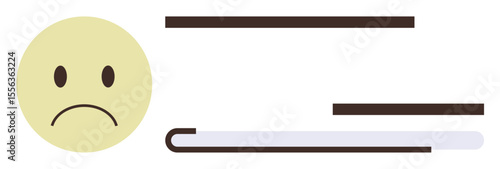 Yellow sad face emotion, horizontal progress bar, and text lines convey dissatisfaction, waiting, or delay. Ideal for emotions, technology, loading, communication frustration patience simple flat