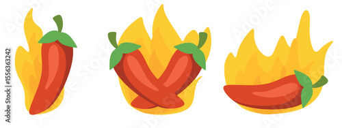 Burning chili pepper collection with fire flames and green leaves in flat cartoon style isolated on white background