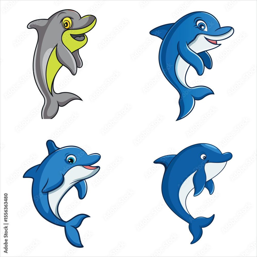 Fototapeta premium Delightful Dolphin Collection Whimsical Aquatic Creatures in Playful Poses Marine Mammal Charm Underwater Wonders