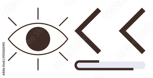 Eye radiating rays next to coding brackets and progress bar, blending vision, coding, and progress. Ideal for technology, coding, design, innovation data creativity futuristic themes. Simple flat