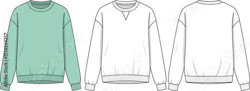 Unisex crewneck sweatshirt front and back view, cad drawing flat vector illustration, ribbed cuff hem detail, fashion template, fleece garment sketch