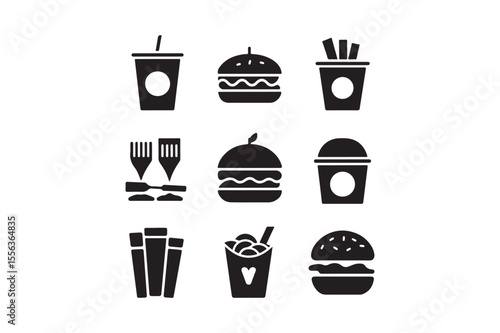 Fast Food Icons Set Burger, Fries, Drink, Snack Vector Silhouettes