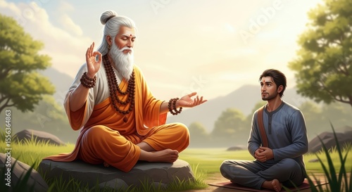 Guru Purnima Spiritual Guidance in Nature – Guru Sharing Ancient Teachings with Devoted Disciple in Forest Setting During Guru Purnima Festival, Symbolizing Respect, Wisdom, and Peace