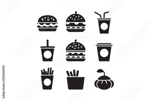 Fast Food Icons Set Burger, Fries, Drink, Coffee, Vector Silhouettes
